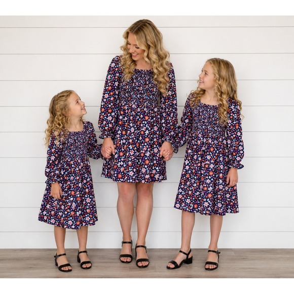 Little & Me Dresses & Skirts - Little & Me Matching Floral Dresses Set 3 Mommy and Me S M XL Navy NWT Smocked